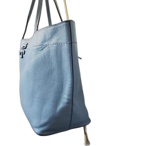 Tory Burch McGraw Tote Pebbled Leather Shoulder Bag Blue $495 Fraying Handle - Picture 3 of 16